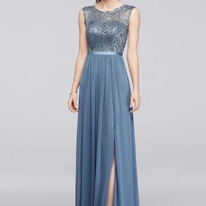 Long Bridesmaid Dress with Lace Bodice in Dusty Blue